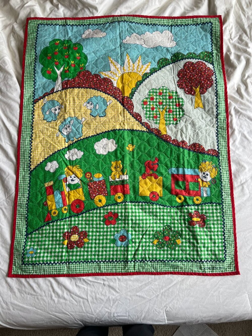 Adorable Vintage Baby Blanket by That’s Our Baby All Genders Sheep Clouds Train